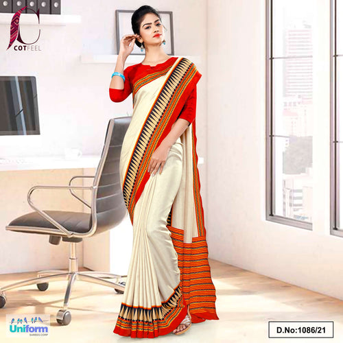 Cream Red Plain Gala Border Polycotton Cotfeel Saree For Factory Uniform Sarees  Cream Red Plain Gala Border Polycotton Cotfeel Saree For Factory Uniform Sarees