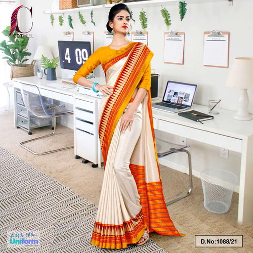 Cream Yellow Gold Plain Gala Border Polycotton Cotfeel Saree For School Uniform Sarees  Cream Yellow Gold Plain Gala Border Polycotton Cotfeel Saree For School Uniform Sarees