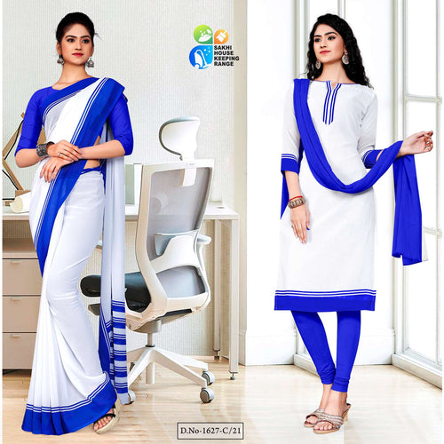 Blue White Premium Georgette Mother Teresa Hospital Uniform Sarees Salwar Combo For Housekeeping Staff  Blue White Premium Georgette Mother Teresa Hospital Uniform Sarees Salwar Combo For Housekeeping Staff