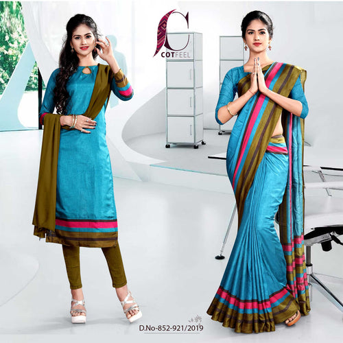 Green And Blue Fancy Corporate Uniform Saree Salwar Combo  Green And Blue Fancy Corporate Uniform Saree Salwar Combo