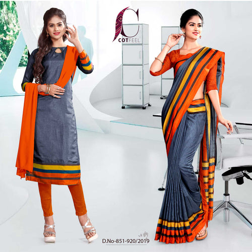 Grey And Orange  Fancy Corporate Uniform Saree Salwar Combo  Grey And Orange  Fancy Corporate Uniform Saree Salwar Combo