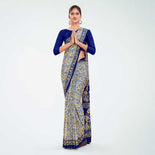 White and Royal Blue Women's Premium Italian Silk Paisley Print Hotel Uniform Sarees With Blouse Piece  White and Royal Blue Women's Premium Italian Silk Paisley Print Hotel Uniform Sarees With Blouse Piece