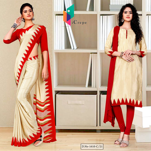 Beige Red Premium Italian Silk Crepe Saree Salwar Combo For Staff Uniform Sarees  Beige Red Premium Italian Silk Crepe Saree Salwar Combo For Staff Uniform Sarees