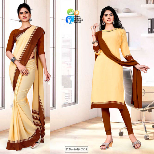 Beige Coffee Premium Georgette Plain Border Housekeeping Uniform Sarees Salwar Combo For Support Staff  Beige Coffee Premium Georgette Plain Border Housekeeping Uniform Sarees Salwar Combo For Support Staff