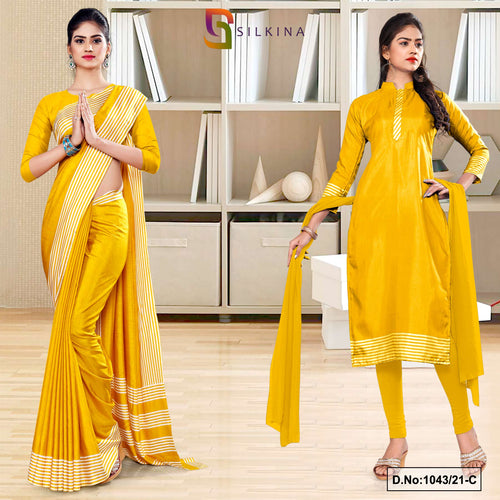 Yellow Gold Women's Premium Silk Georgette Plain Gala Border Uniform Sarees Salwar Combo For Staff Uniform  Yellow Gold Women's Premium Silk Georgette Plain Gala Border Uniform Sarees Salwar Combo For Staff Uniform