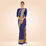 Navy Blue and Beige Women's Premium Italian Silk Plain Gaala Border Students Uniform Saree Navy Blue and Beige Women's Premium Italian Silk Plain Gaala Border Students Uniform Saree