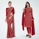 Sea Green Women's Premium Silk Chiffon Ikat Print Resort Uniform Saree Salwar Combo Sea Green Women's Premium Silk Chiffon Ikat Print Resort Uniform Saree Salwar Combo