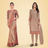 Pastel Brown and Multi Color Women's Premium Silk Chiffon Eyecatchers Industrial Workers Uniform Saree Salwar Combo Pastel Brown and Multi Color Women's Premium Silk Chiffon Eyecatchers Industrial Workers Uniform Saree Salwar Combo