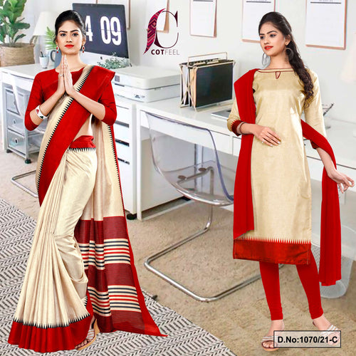 Beige Red Women's Premium Manipuri Cotton Uniform Sarees Salwar Combo For School Uniform Sarees  Beige Red Women's Premium Manipuri Cotton Uniform Sarees Salwar Combo For School Uniform Sarees