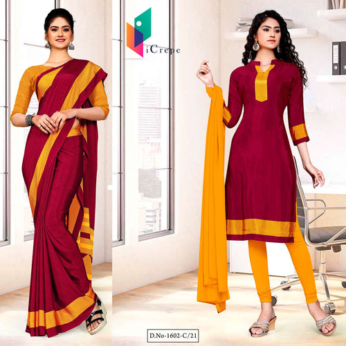Maroon Gold Premium Italian Silk Crepe Saree Salwar Combo For Front Office Uniform  Maroon Gold Premium Italian Silk Crepe Saree Salwar Combo For Front Office Uniform