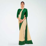 Beige and Bottle Green Women's Premium Silk Chiffon Plain Gaala Border Industrial Uniform Sarees With Blouse Piece Beige and Bottle Green Women's Premium Silk Chiffon Plain Gaala Border Industrial Uniform Sarees With Blouse Piece