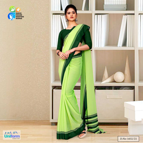 Light Green Premium Georgette Plain Border Housekeeping Uniform Sarees For Workers Staff  Light Green Premium Georgette Plain Border Housekeeping Uniform Sarees For Workers Staff