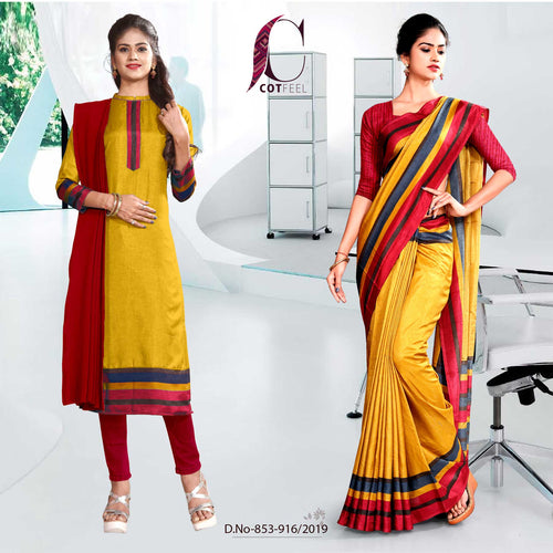 Maroon And Yellow Fancy School Uniform Saree Salwar Combo  Maroon And Yellow Fancy School Uniform Saree Salwar Combo