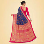 Turquoise and Navy Blue Women's Premium Italian Silk Floral Print College Uniform Saree Turquoise and Navy Blue Women's Premium Italian Silk Floral Print College Uniform Saree