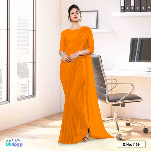 Mango Shade Soft Georgette Plain Uniform Sarees For Support Staff  Mango Shade Soft Georgette Plain Uniform Sarees For Support Staff