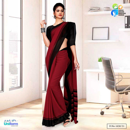 Maroon Black Premium Georgette Plain Border Housekeeping Uniform Sarees For Cleaning Staff  Maroon Black Premium Georgette Plain Border Housekeeping Uniform Sarees For Cleaning Staff