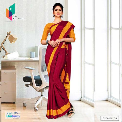 Maroon Gold Premium Italian Silk Crepe Saree For Front Office Uniform Sarees  Maroon Gold Premium Italian Silk Crepe Saree For Front Office Uniform Sarees