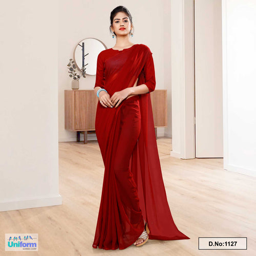 Maroon Soft Georgette Plain Uniform Sarees For Aayaas At School  Maroon Soft Georgette Plain Uniform Sarees For Aayaas At School