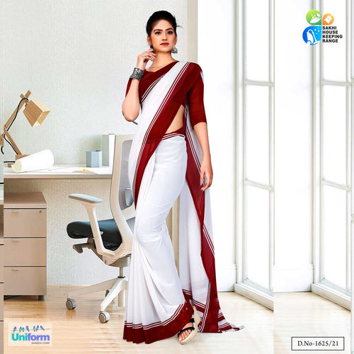 Maroonn White Premium Georgette Mother Teresa Hospital Uniform Sarees For Cleaning Staff  Maroonn White Premium Georgette Mother Teresa Hospital Uniform Sarees For Cleaning Staff