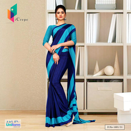Navy Blue Sea Green Gala Border Premium Italian Silk Crepe Uniform Sarees For Showroom Staff  Navy Blue Sea Green Gala Border Premium Italian Silk Crepe Uniform Sarees For Showroom Staff