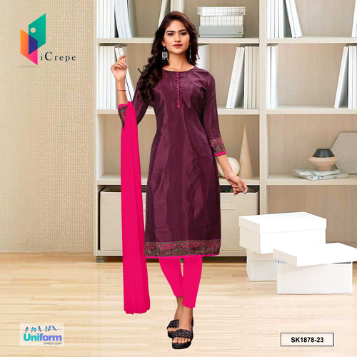 Navy Wine and Dark Pink Women's Premium Silk Crepe Plain Border Employees Uniform Salwar Kameez  Navy Wine and Dark Pink Women's Premium Silk Crepe Plain Border Employees Uniform Salwar Kameez