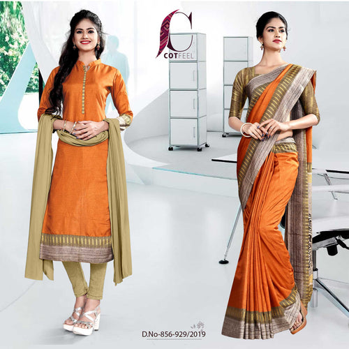 Off White And Orange  Fancy School Uniform Saree Salwar Combo  Off White And Orange  Fancy School Uniform Saree Salwar Combo