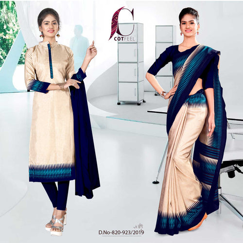 Off White And Blue Fancy School Uniform Saree Salwar Combo  Off White And Blue Fancy School Uniform Saree Salwar Combo