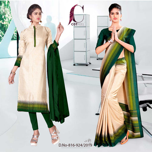 Off White And Green Fancy Corporate Uniform Saree Salwar Combo  Off White And Green Fancy Corporate Uniform Saree Salwar Combo