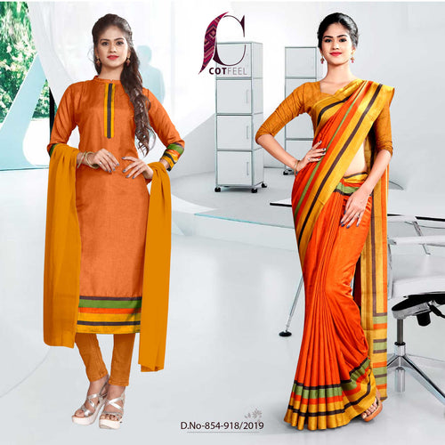 Orange And Yellow  Fancy Corporate Uniform Saree Salwar Combo  Orange And Yellow  Fancy Corporate Uniform Saree Salwar Combo