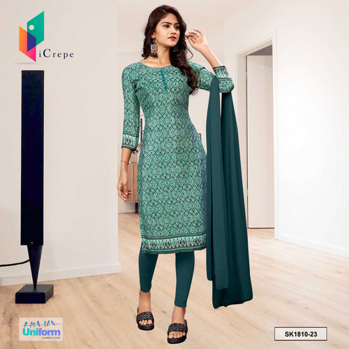 Peacock Blue Women's Premium Silk Crepe Pochampalli Print Employees Uniform Salwar Kameez  Peacock Blue Women's Premium Silk Crepe Pochampalli Print Employees Uniform Salwar Kameez