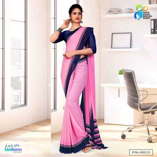 Pink Blue Premium Georgette Plain Border Housekeeping Uniform Sarees For Anganwadi Workers  Pink Blue Premium Georgette Plain Border Housekeeping Uniform Sarees For Anganwadi Workers