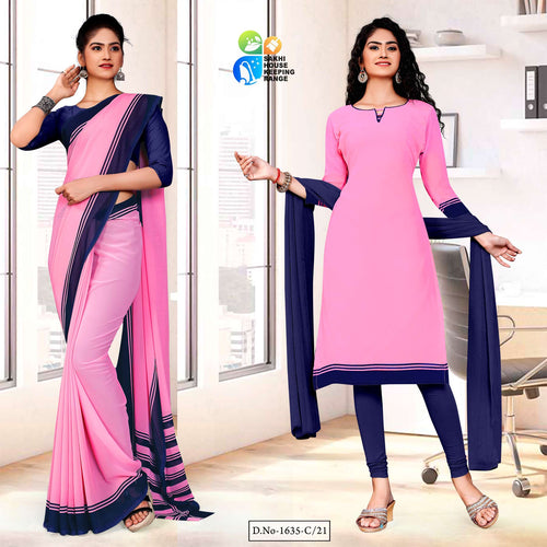 Pink Blue Premium Georgette Plain Border Housekeeping Uniform Sarees Salwar Combo For Anganwadi Workers  Pink Blue Premium Georgette Plain Border Housekeeping Uniform Sarees Salwar Combo For Anganwadi Workers