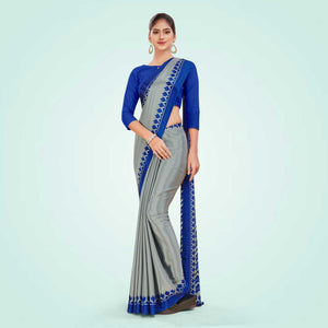 Grey and Navy Blue Women's Premium Silk Chiffon Plain Gaala Border Jewellery Showroom Uniform Saree