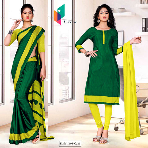 Bottle Green Yellow Premium Italian Silk Crepe Uniform Sarees Salwar Combo For Krushi Mitra  Bottle Green Yellow Premium Italian Silk Crepe Uniform Sarees Salwar Combo For Krushi Mitra