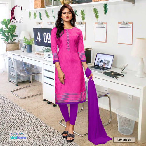 Rani and Lavender Women's Premium Manipuri Cotton Plain Border Showroom Uniform Salwar Kameez  Rani and Lavender Women's Premium Manipuri Cotton Plain Border Showroom Uniform Salwar Kameez