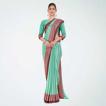 Aqua Green and Crimson Pink Women's Premium Silk Chiffon Small Butty College Uniform Saree Aqua Green and Crimson Pink Women's Premium Silk Chiffon Small Butty College Uniform Saree