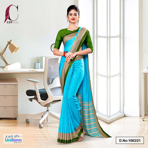 Sky Blue Bottle Green Plain Border Premium Polycotton Cotfeel Saree For Receptionist Uniform Sarees  Sky Blue Bottle Green Plain Border Premium Polycotton Cotfeel Saree For Receptionist Uniform Sarees