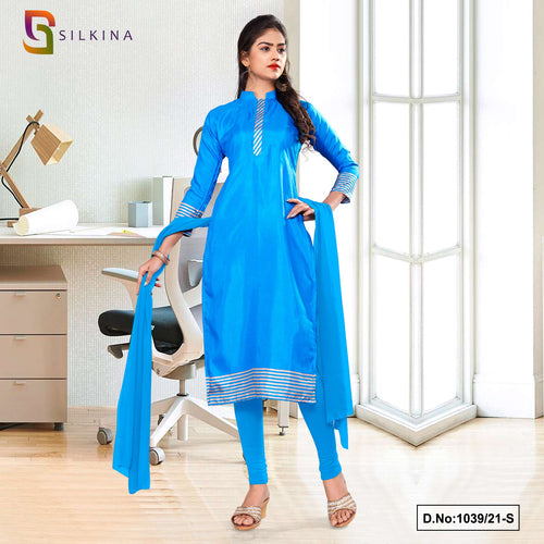 Sky Blue Women's Premium Polycotton Raw Silk Plain Border Hotel Uniform Salwar Kameez  Sky Blue Women's Premium Polycotton Raw Silk Plain Border Hotel Uniform Salwar Kameez