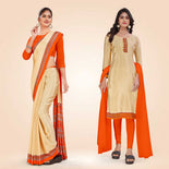 Beige and Orange Women's Premium Italian Silk Discipline Day Jewellery Showroom Uniform Saree Salwar Combo Beige and Orange Women's Premium Italian Silk Discipline Day Jewellery Showroom Uniform Saree Salwar Combo