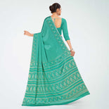 Sea Green Women's Premium Silk Chiffon Ikat Print Resort Uniform Saree Sea Green Women's Premium Silk Chiffon Ikat Print Resort Uniform Saree