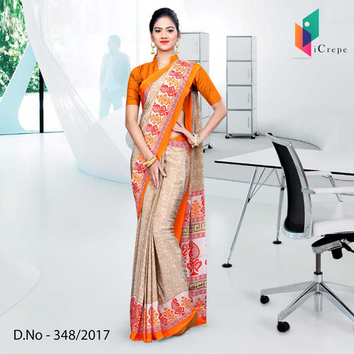 Beige And Orange Italian Crepe Uniform Saree  Beige And Orange Italian Crepe Uniform Saree