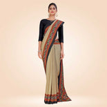 Beige and Black Women's Premium Manipuri Cotton Plain Gaala Border Catering Uniform Saree Beige and Black Women's Premium Manipuri Cotton Plain Gaala Border Catering Uniform Saree