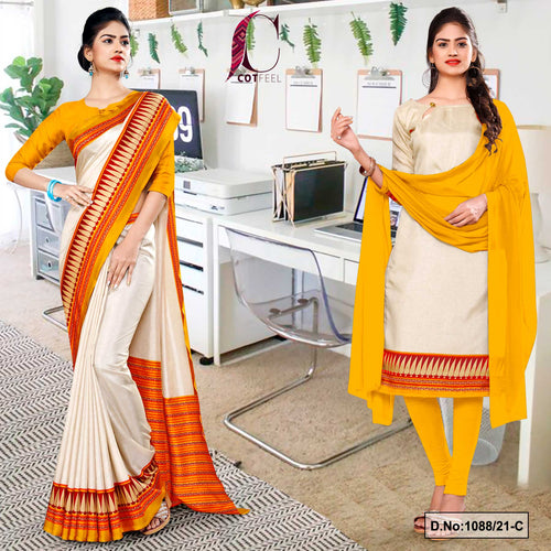 Beige Yellow Women's Premium Manipuri Cotton Uniform Sarees Salwar Combo For School Uniform  Beige Yellow Women's Premium Manipuri Cotton Uniform Sarees Salwar Combo For School Uniform