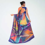 Turquoise and Navy Blue Women's Premium Italian Silk Digital Print Institution Uniform Sarees With Blouse Piece Turquoise and Navy Blue Women's Premium Italian Silk Digital Print Institution Uniform Sarees With Blouse Piece