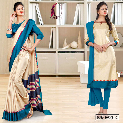Beige Peacock Blue Women's Premium Manipuri Cotton Uniform Sarees Salwar Combo For Hospital Uniform  Beige Peacock Blue Women's Premium Manipuri Cotton Uniform Sarees Salwar Combo For Hospital Uniform