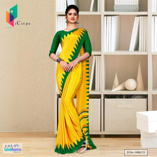 Yellow Gold Green Small Print Premium Italian Silk Crepe Saree For Hotel Uniform Sarees  Yellow Gold Green Small Print Premium Italian Silk Crepe Saree For Hotel Uniform Sarees