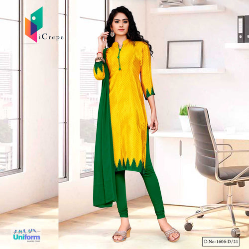 Yellow Gold Green Women's Premium Italian Silk Crepe Small Print Hotel Uniform Salwar Kameez  Yellow Gold Green Women's Premium Italian Silk Crepe Small Print Hotel Uniform Salwar Kameez