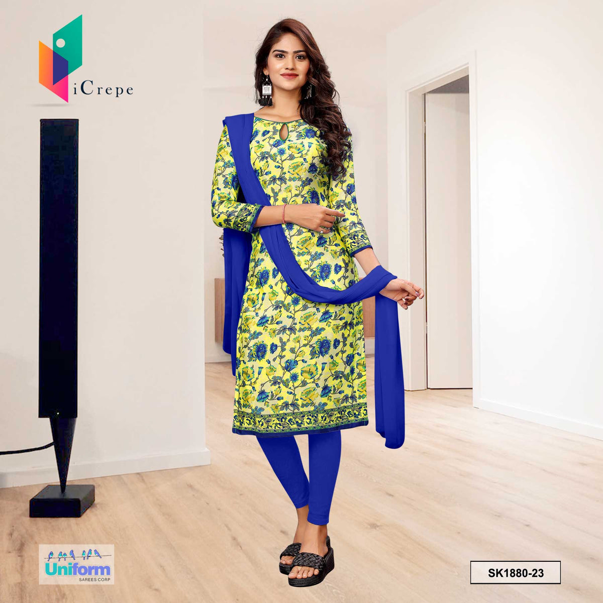 Yellow and Blue Women's Premium Silk Crepe Floral Print Office Uniform Uniform Sarees Yellow and Blue Women's Premium Silk Crepe Floral Print Office Uniform Uniform Sarees