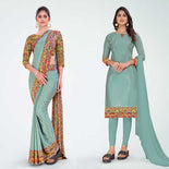 Pastel Brown and Multi Color Women's Premium Silk Chiffon Eyecatchers Industrial Workers Uniform Saree Salwar Combo Pastel Brown and Multi Color Women's Premium Silk Chiffon Eyecatchers Industrial Workers Uniform Saree Salwar Combo