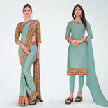 Taupe and Multi Color Women's Premium Silk Chiffon Eyecatchers School Teacher Uniform Saree Salwar Combo